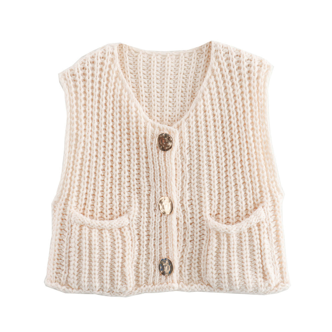 Damen Grobgestrickte Cropped Weste mit V-Ausschnitt und goldenen Zierknöpfen Drune