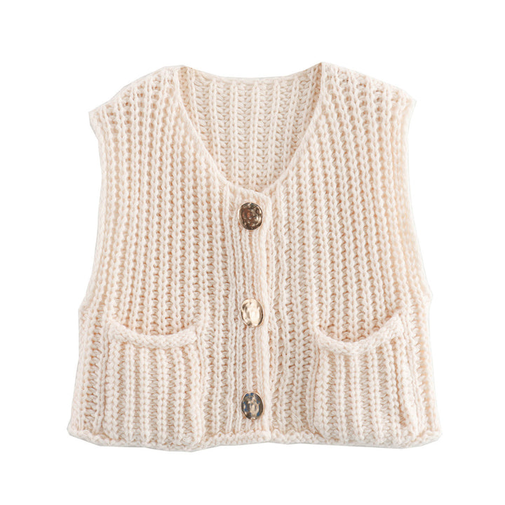 Damen Grobgestrickte Cropped Weste mit V-Ausschnitt und goldenen Zierknöpfen Drune