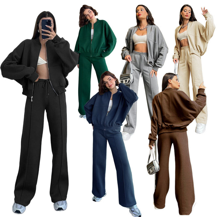 Damen Oversized Zip-Hoodie-Set mit Cropped Top und weiter Naht-Sweathose Drune