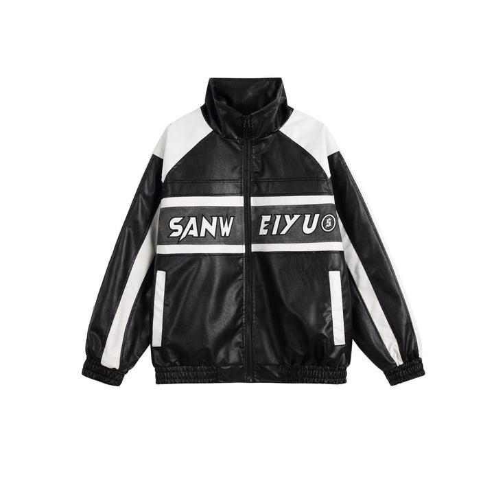 Damen Kunstleder-Trackjacke im Oversize-Cut mit hohem Stehkragen und Logopanel Drune