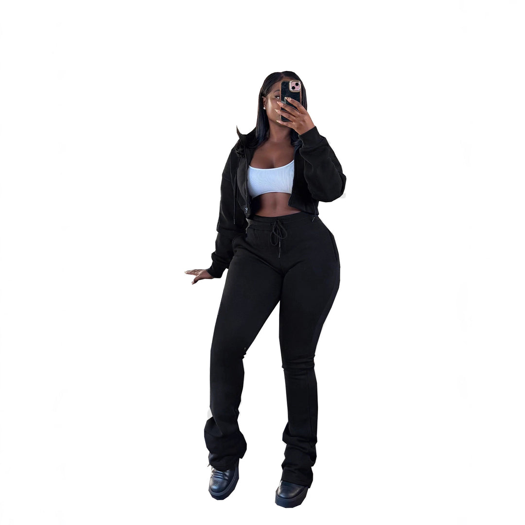 Damen nan kurz geschnittenes Zip-Hoodie und Highwaist-Jogginghose-Set mit Kordelzug und leicht gerafften Knöchelabschlüssen Drune