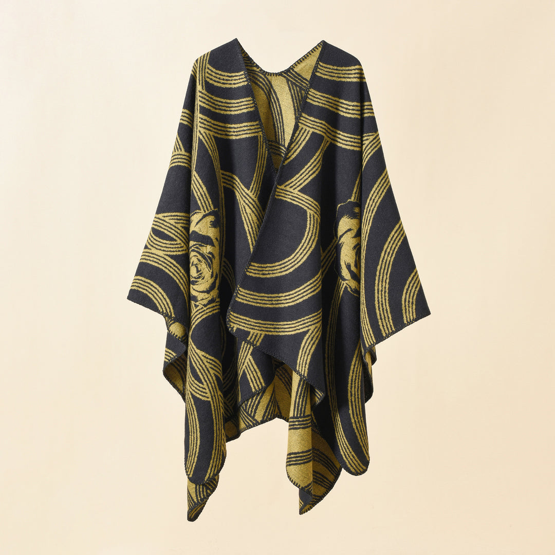 Damen Reversfreier Jacquard-Umhang im kastigen Oversize mit abstraktem Medaillonmuster Drune
