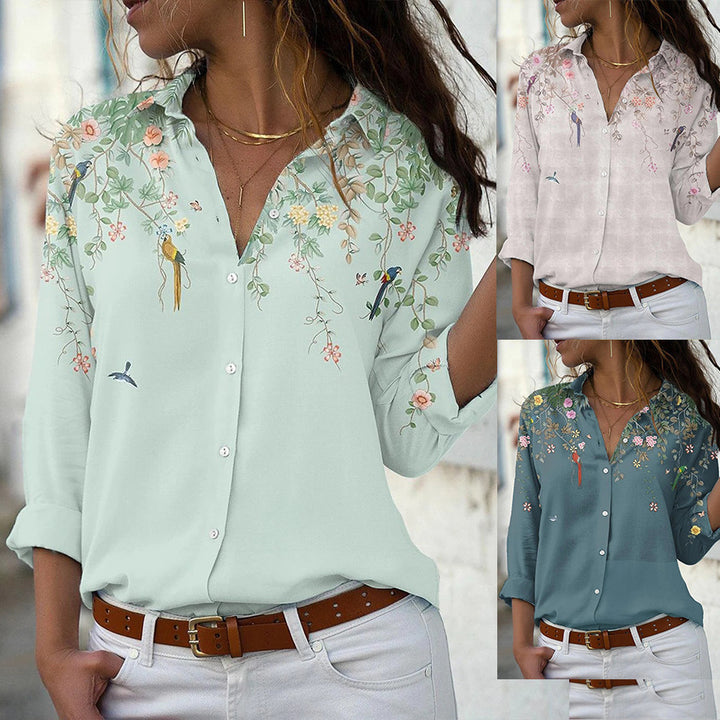 Damen nan leichte Chiffonbluse mit floralem Vogelprint, Knopfleiste und lässigem Schnitt Drune