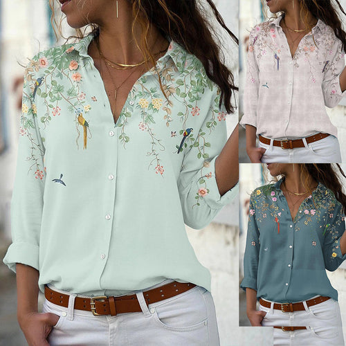 Damen nan leichte Chiffonbluse mit floralem Vogelprint, Knopfleiste und lässigem Schnitt Drune