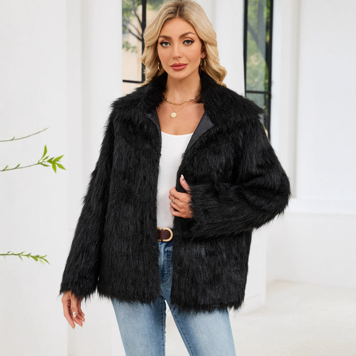 Damen Flauschige Kunstpelzjacke mit Umlegekragen und lockerer Passform Drune