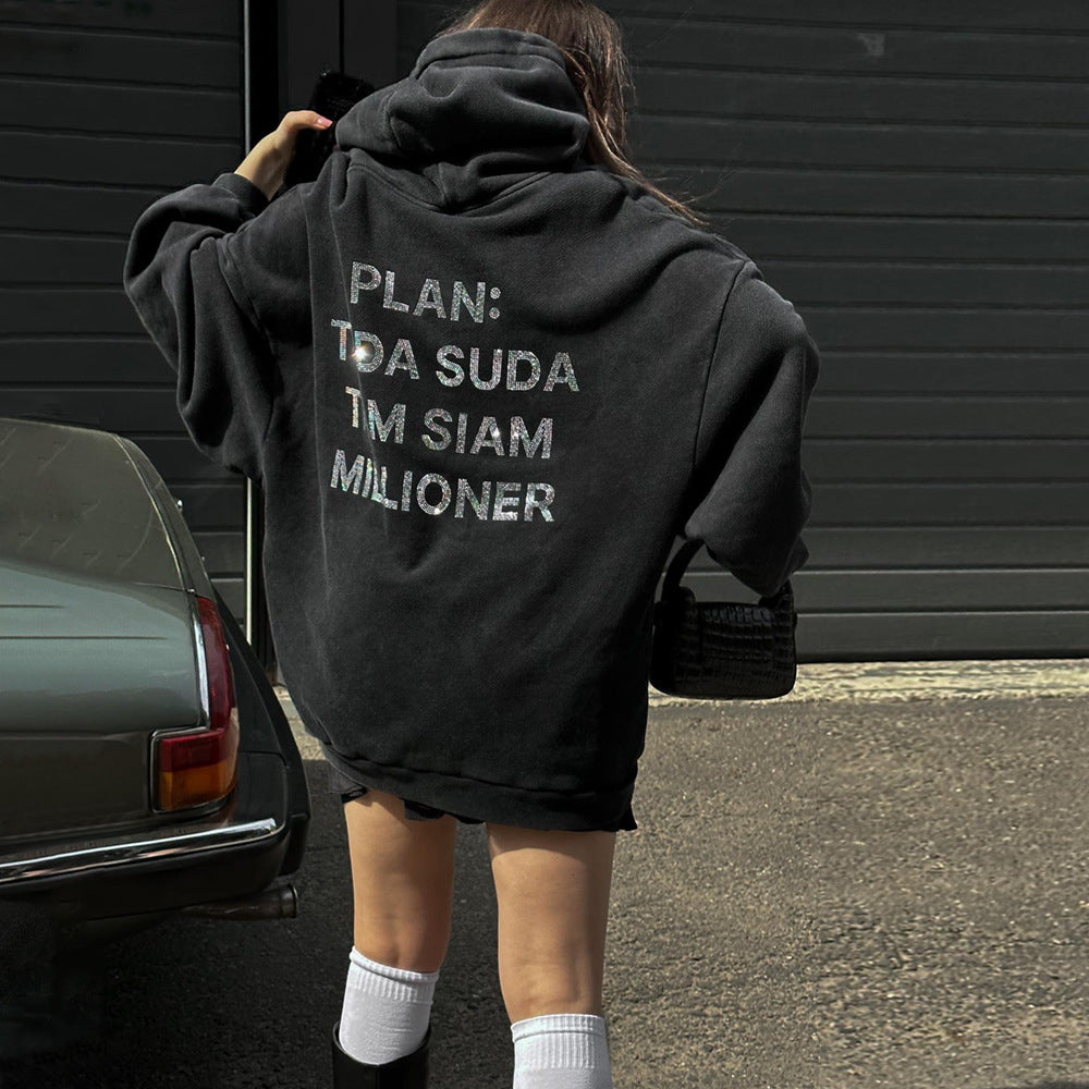Damen Kapuzenpullover mit auffälligem Schriftzug und lässigem Schnitt Drune