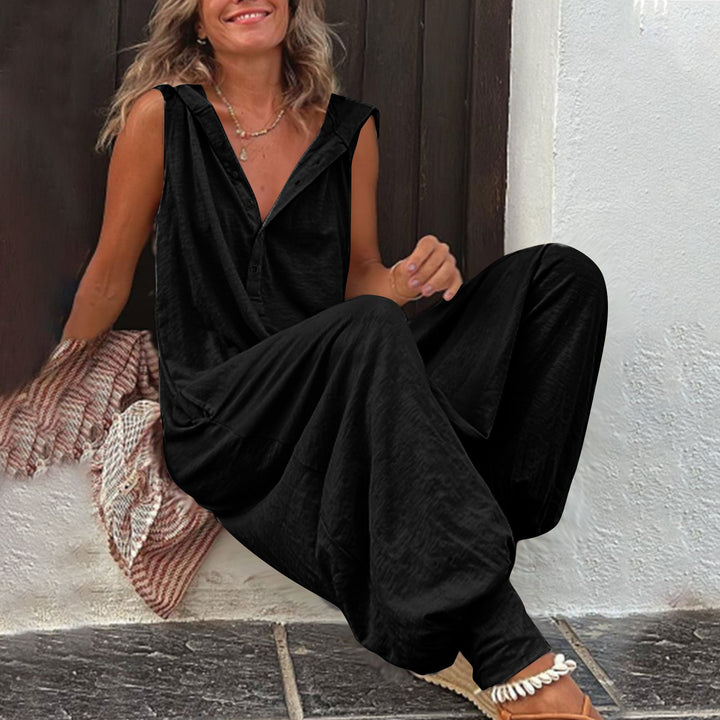 Damen Lässiger Jumpsuit mit Kapuze und Knopfverschluss Drune