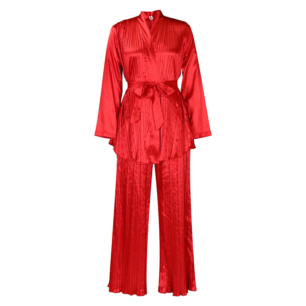 Damen Schlafanzug mit elegantem Satin-Design und Plisseefalten Drune