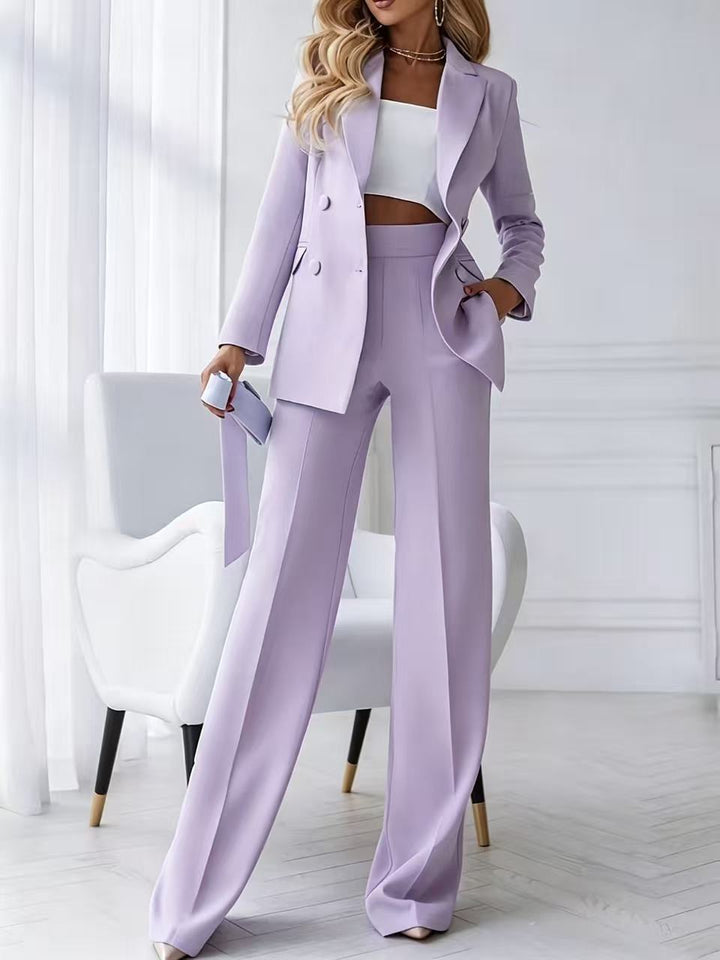 Damen Zweiteiliger Business-Hosenanzug mit tailliertem Zweireiherblazer und High-Waist Palazzo-Hose Drune