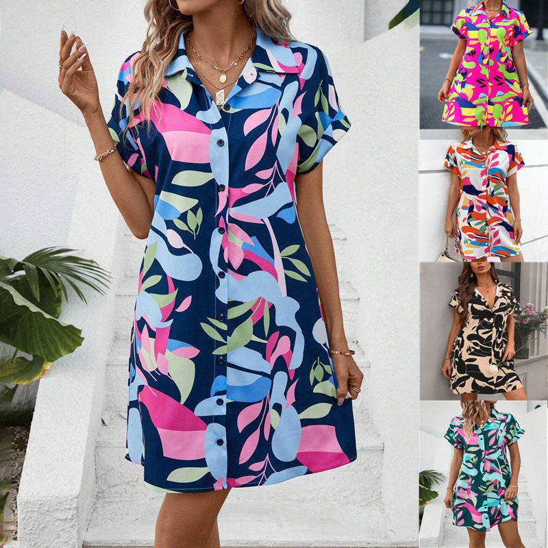 Damen Lockeres Hemdblusenkleid mit Knopfleiste, Reverskragen und floralem Print Drune