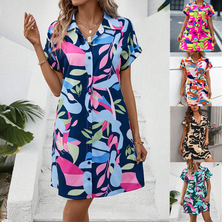 Damen Lockeres Hemdblusenkleid mit Knopfleiste, Reverskragen und floralem Print Drune