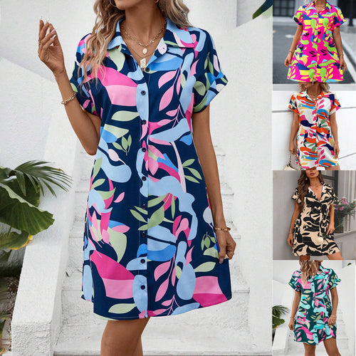 Damen Lockeres Hemdblusenkleid mit Knopfleiste, Reverskragen und floralem Print Drune