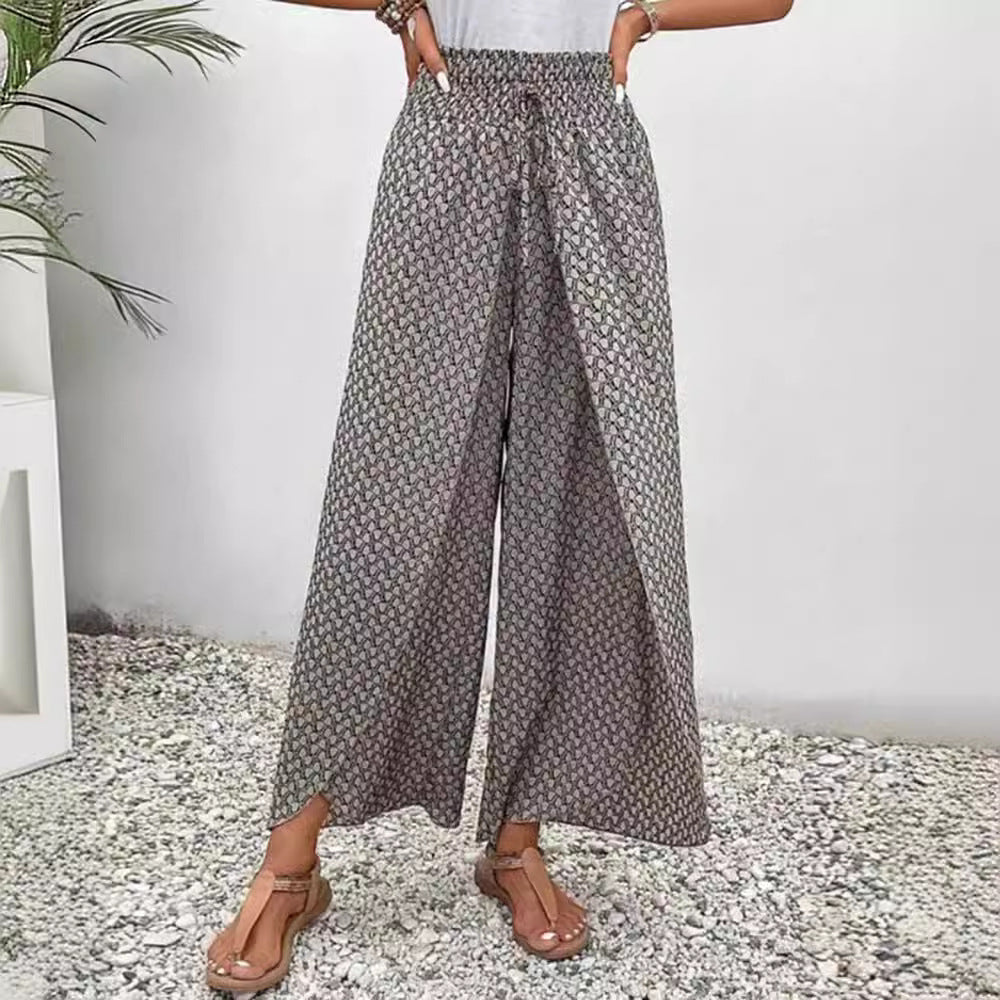 Damen nan weite Sommer-Palazzohose mit gerafftem Komfortbund, fließender Beinweite und geometrischem Allovermuster Drune
