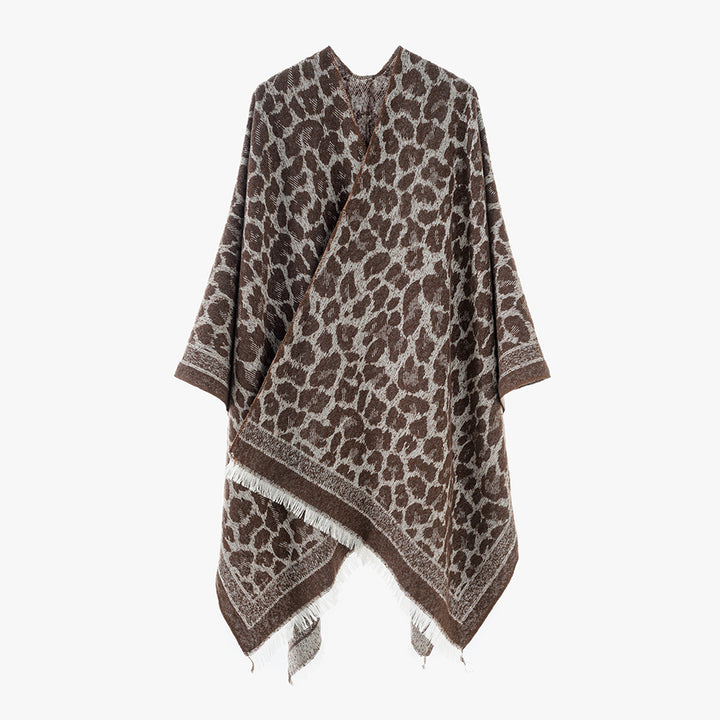Damen Jacquard-Capeponcho mit Leo-Struktur und Fransensaum Drune