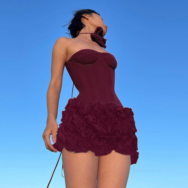 Damen Sexy Minikleid mit Blumenapplikationen und herzförmigem Ausschnitt Drune
