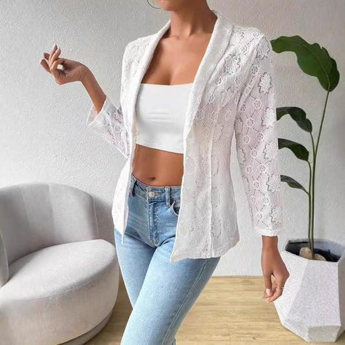 Damen nan transparenter Spitzenblazer mit Schalkragen und dreiviertellangen Ärmeln Drune