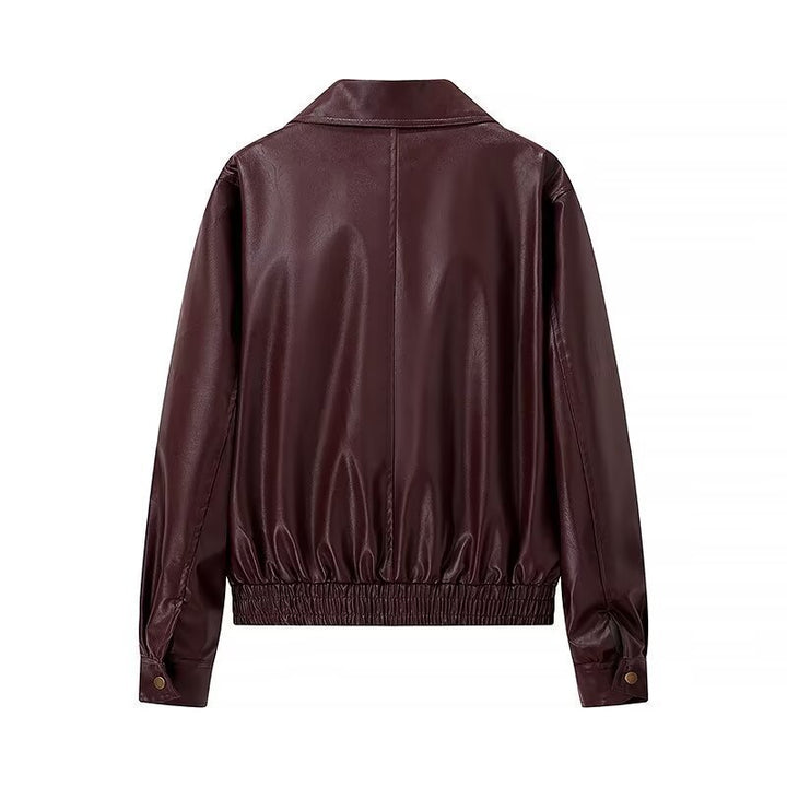 Damen modische Kunstlederjacke im Vintage-Stil mit Stehkragen Drune