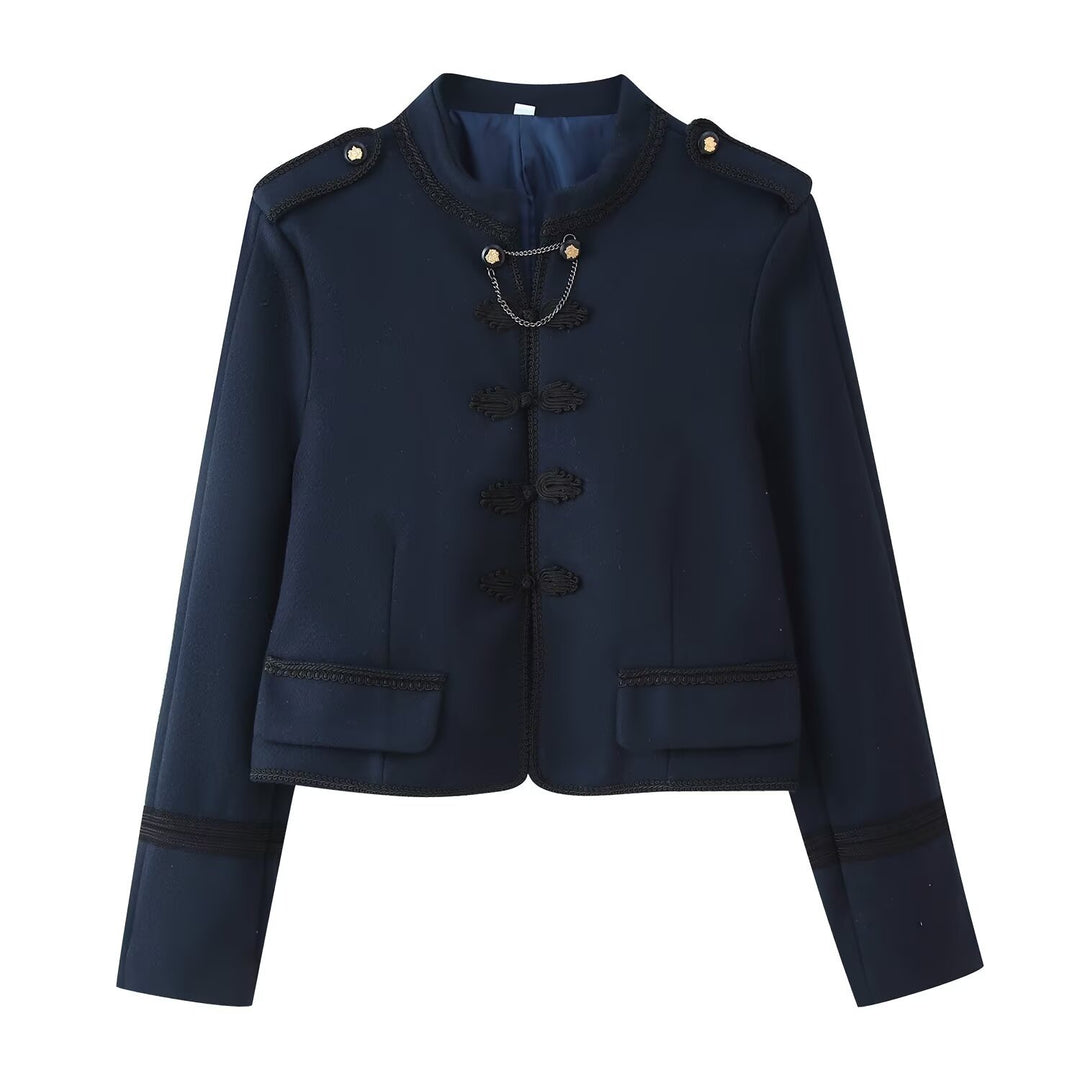 Damen Kurzjacke im Bouclé‑Look mit Mandarin‑Kragen, Kordelfroschverschluss und Zier‑Schulterklappen Drune
