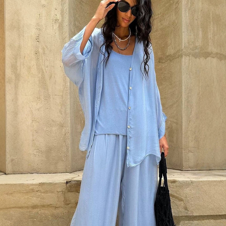 Damen Dreiteiliges Loungewear-Set aus leichter Viskose mit Oversize-Bluse, Top und weiter Palazzohose Drune