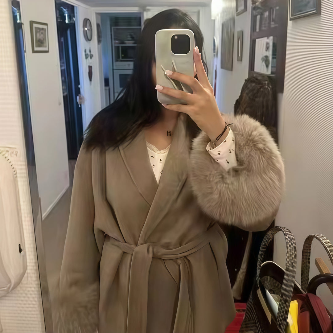 Damen kuschelige Wollejacke mit elegantem Gürtel und glamourösen Fütterungen Drune