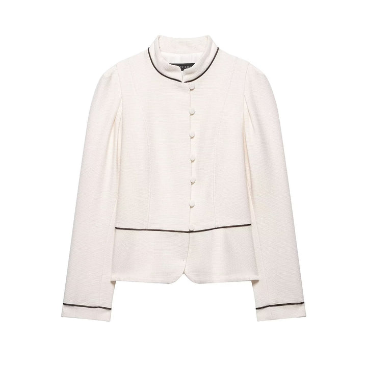 Damen Kurzblazer im Bouclé-Look mit Stehkragen, Zierknopfleiste und Kontrastpaspel Drune