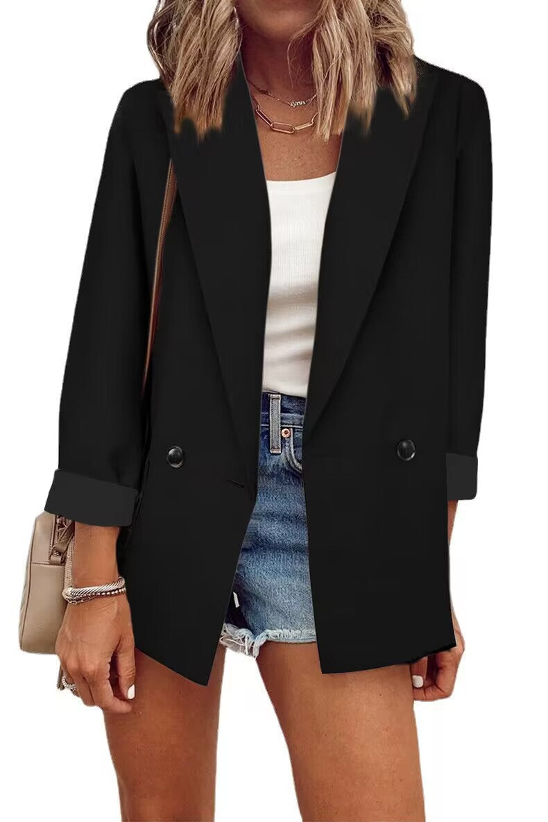 Damen Lockerer Longline-Blazer mit aufgekrempelten Ärmeln und zweireihiger Knopfleiste Drune