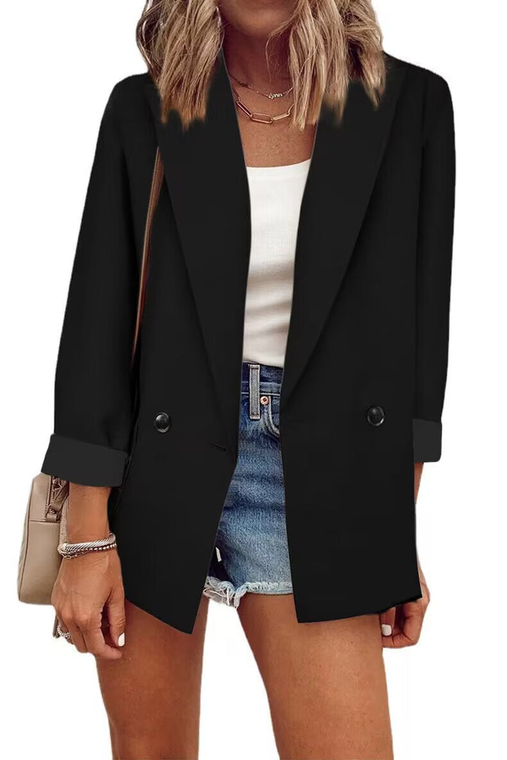 Damen Lockerer Longline-Blazer mit aufgekrempelten Ärmeln und zweireihiger Knopfleiste Drune