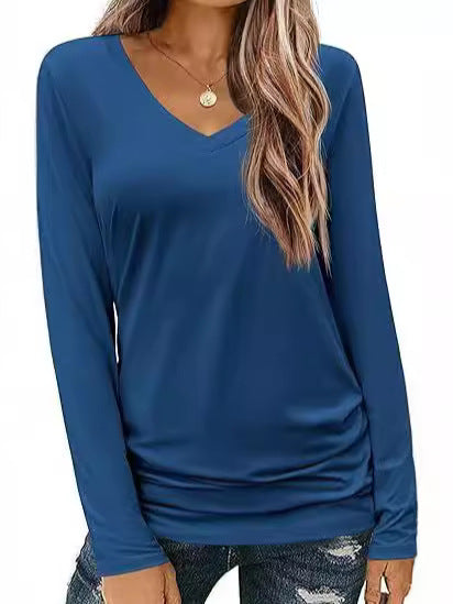 Damen Figurbetontes V‑Ausschnitt Langarmshirt aus Stretch‑Jersey mit leicht gerafftem Saum Drune