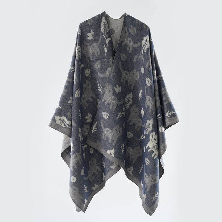 Damen Oversized Ruana im Jacquard mit Katzen- & Blumenmotiv Drune