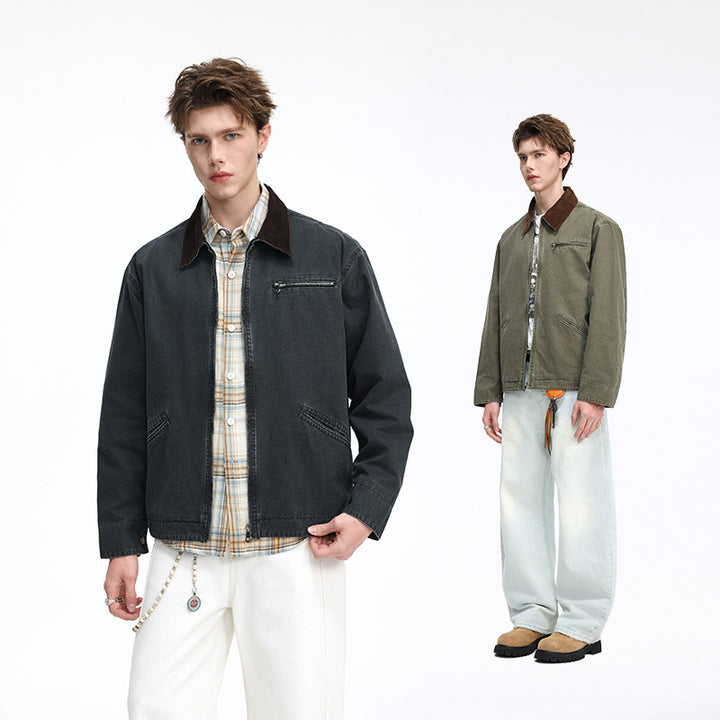 Herren Freizeitjacke aus gewaschenem Baumwollcanvas mit Cordkragen und Reißverschluss-Tasche Drune
