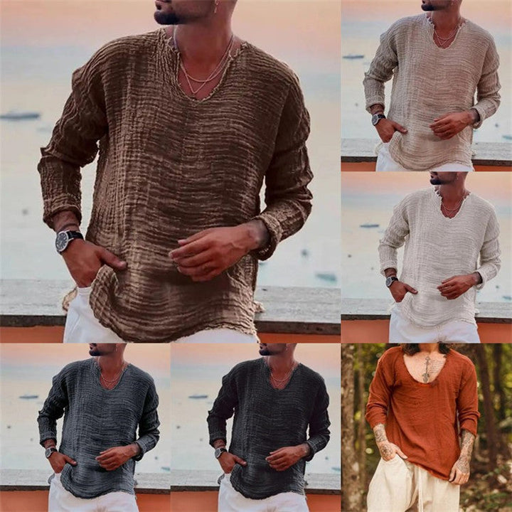 Herren lässiges V-Neck Leinenhemd Drune