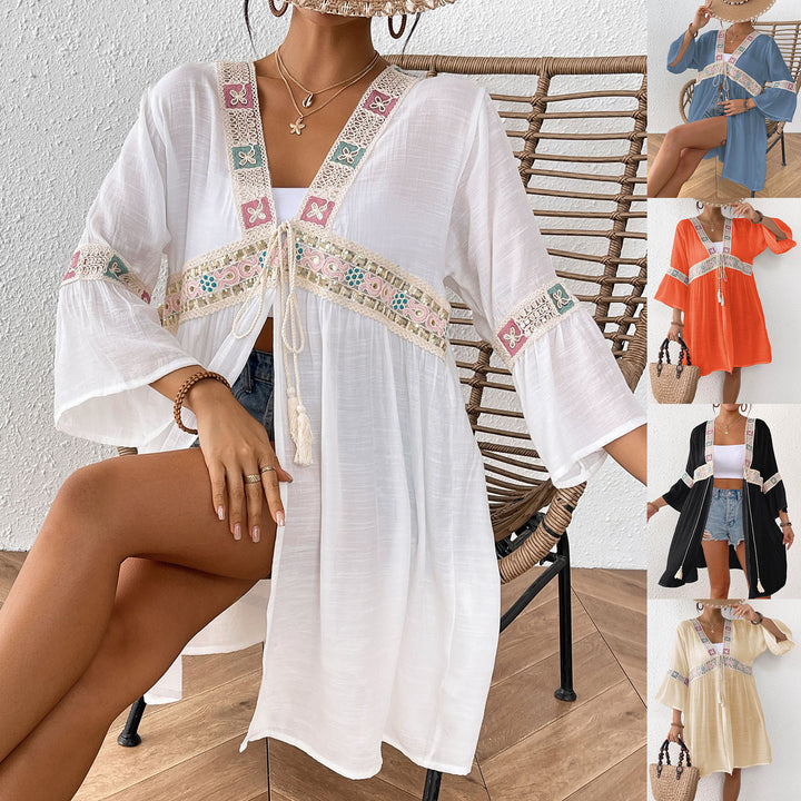 Damen luftiger Strandkimono mit floralen Stickereien Drune