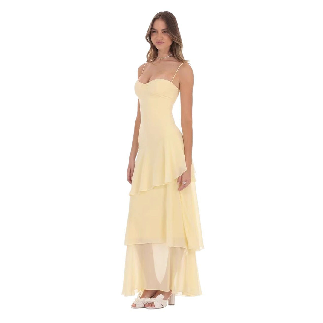 Damen nan romantisches Stufen-Maxikleid mit Herzausschnitt und feinen Spaghettiträgern Drune