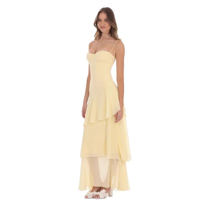 Damen nan romantisches Stufen-Maxikleid mit Herzausschnitt und feinen Spaghettiträgern Drune