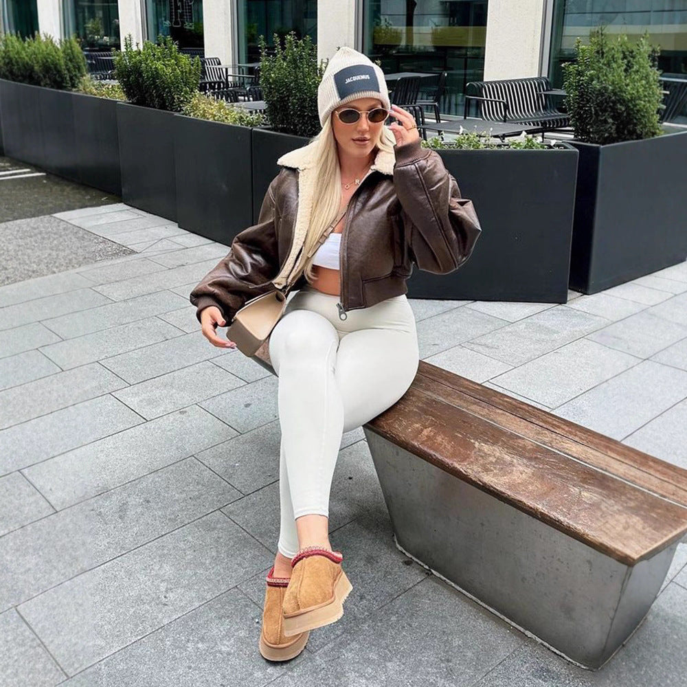Damen Kurz geschnittene Fliegerjacke mit Teddy-Futter und Oversized-Ärmeln Drune
