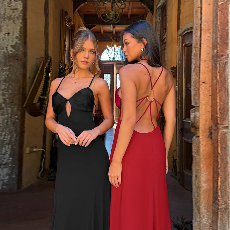 Damen elegantes Maxikleid mit v-förmigem Ausschnitt und feinen Trägern Drune
