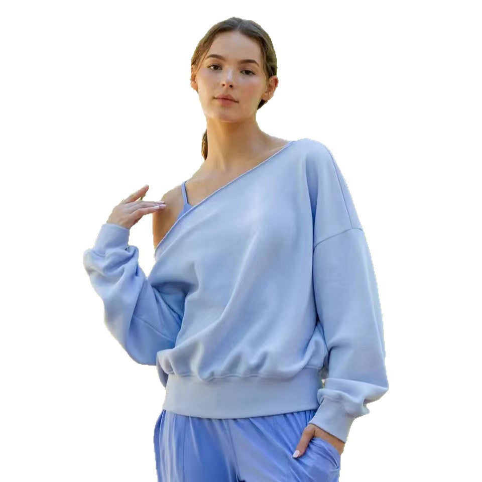 Damen lässiger Oversized Sweatshirt mit asymmetrischem Ausschnitt und hohen Bündchen Drune