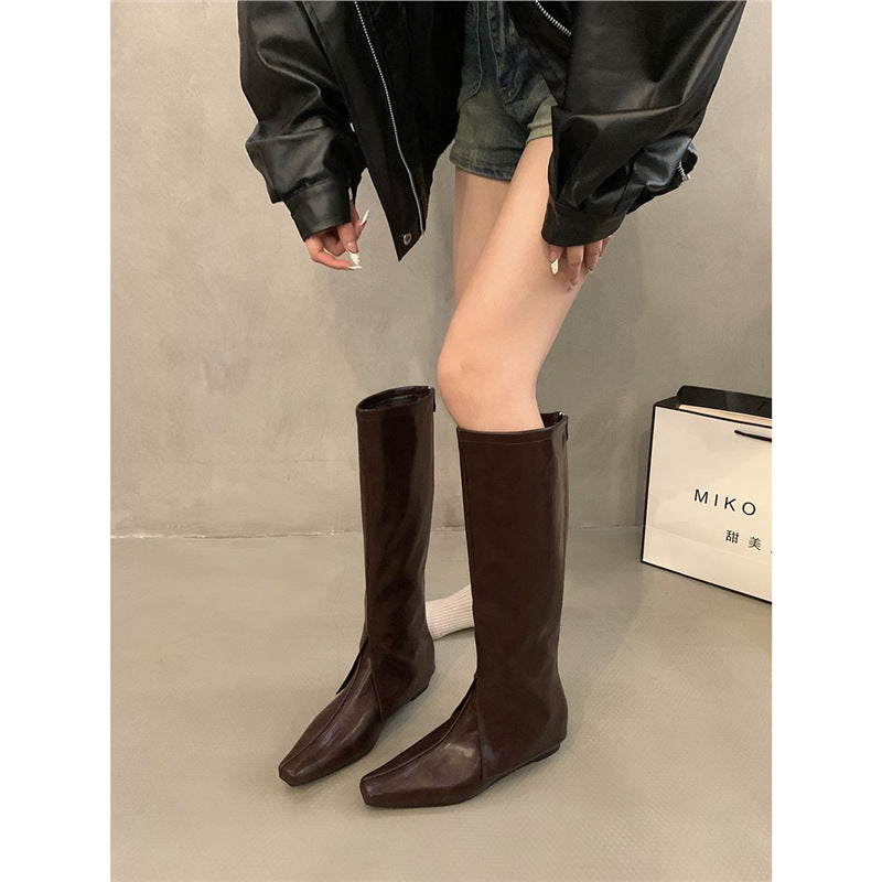 Damen Kniehohe schmal geschnittene Schlupf‑Stiefel mit quadratischer Zehenpartie Drune