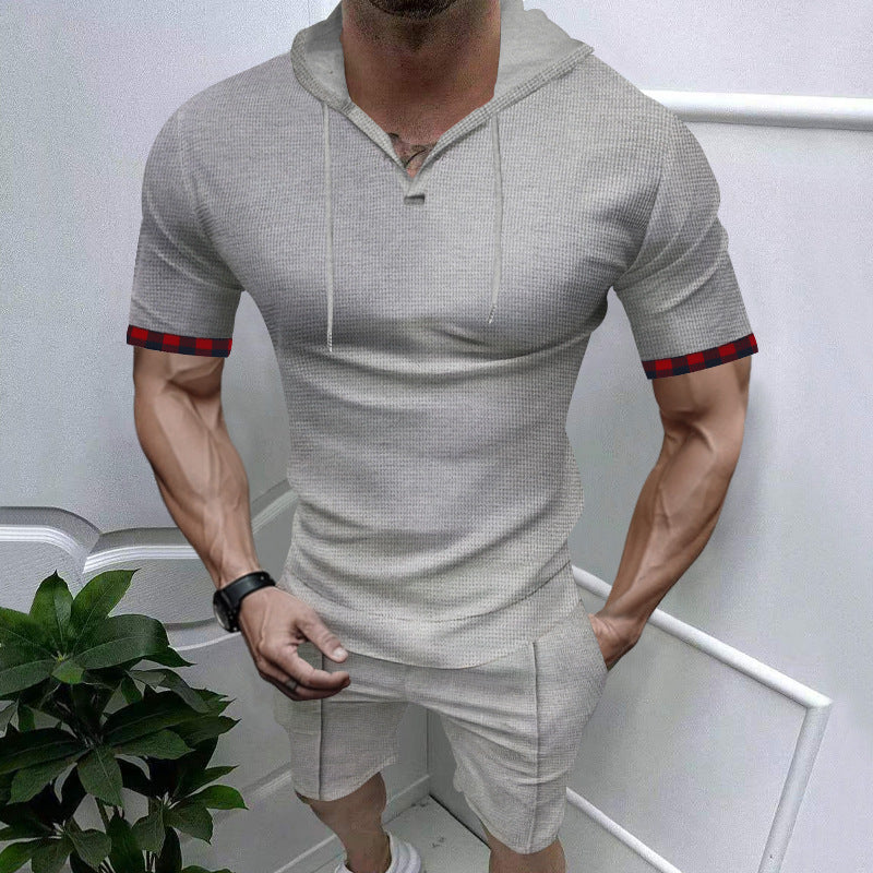 Herren nan sommerliches Kapuzen-Lounge-Set in leichter Waffelstruktur mit Kurzarm-Hoodie Henley-Öffnung und Komfort-Shorts Drune