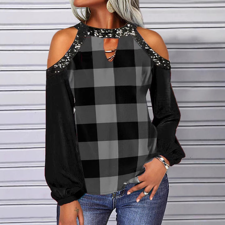 Damen Off-Shoulder kariertes Bluse mit Paillettenbesatz und langen Ballonärmeln Drune