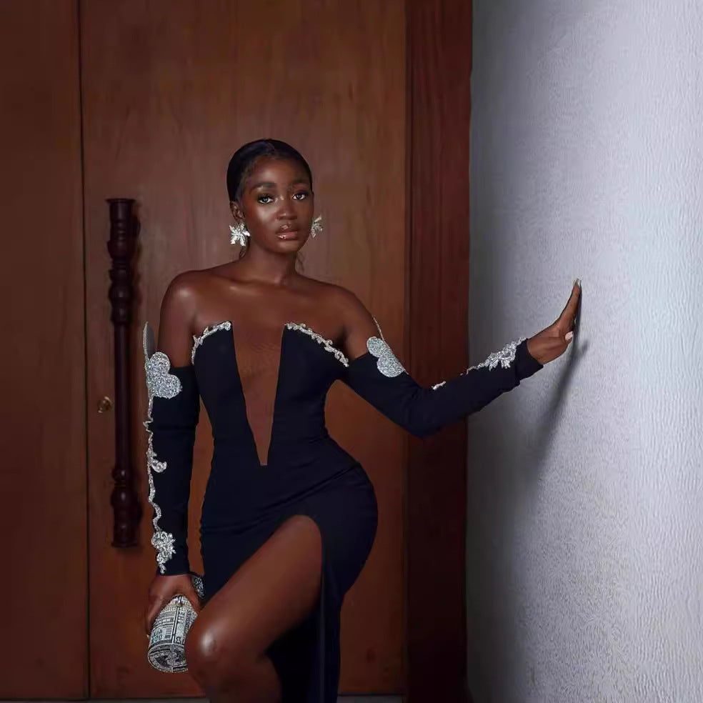 Damen Elegantes Abendkleid mit glitzernden Flügel-Applikationen und tiefem V-Ausschnitt Drune