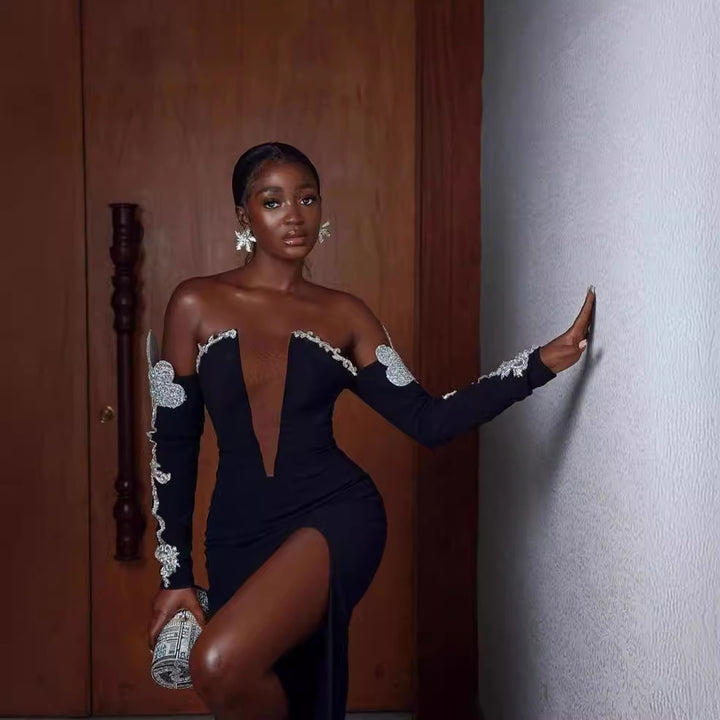 Damen Elegantes Abendkleid mit glitzernden Flügel-Applikationen und tiefem V-Ausschnitt Drune