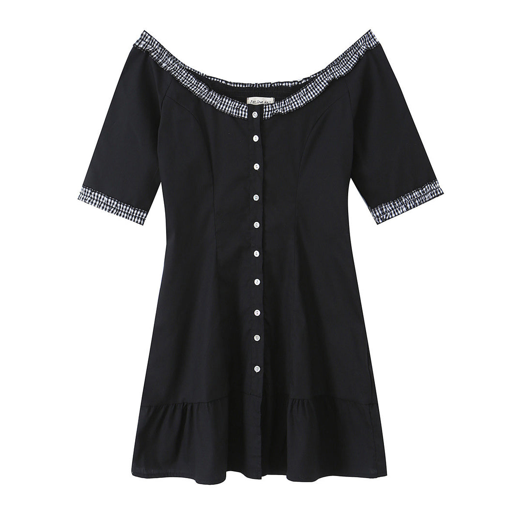 Damen Off-Shoulder Carmenkleid mit Knopfleiste, taillierter A‑Linie und kariertem Rüschenbesatz Drune