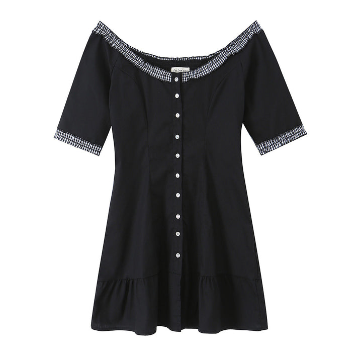 Damen Off-Shoulder Carmenkleid mit Knopfleiste, taillierter A‑Linie und kariertem Rüschenbesatz Drune