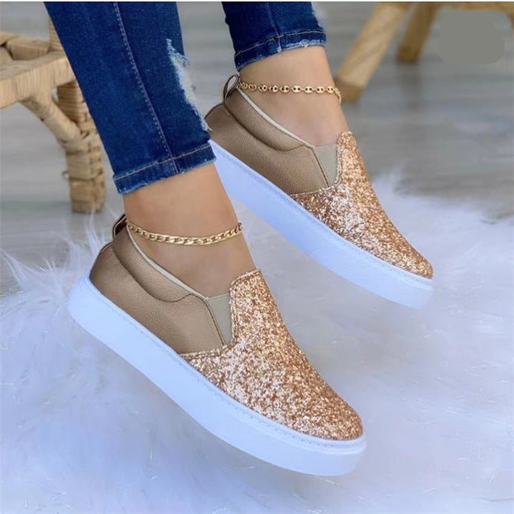 Damen Slip-On Plateau-Sneaker mit Glitzerfront, gepolstertem Fersenbereich und weißer Profilsohle Drune