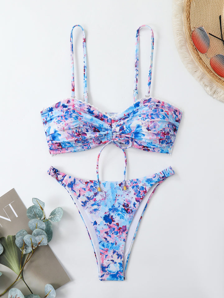 Damen-Bikini-Set mit Raffung und romantischem Blumendesign Drune