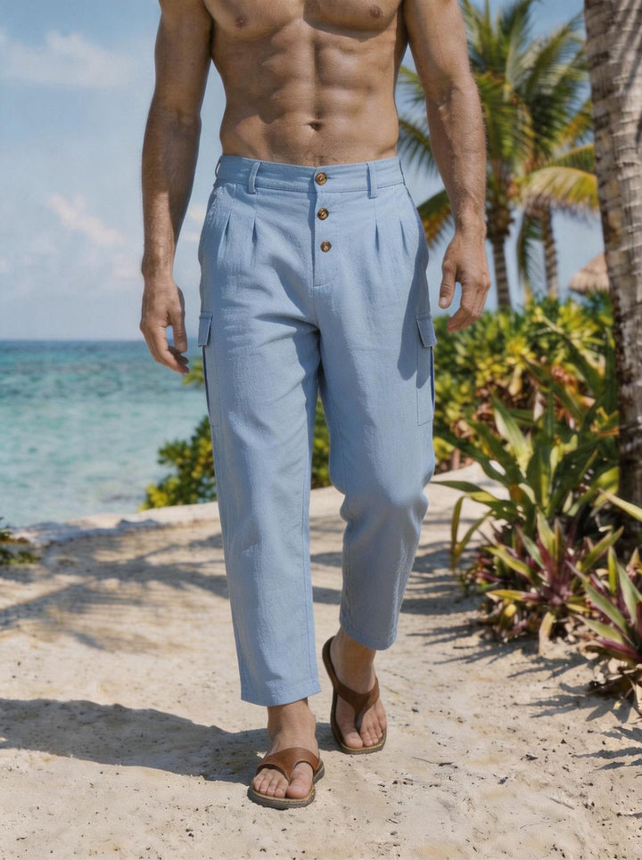 Herren Bundfalten-Cargohose mit Knopfverschluss, aufgesetzten Cargotaschen und gekürztem Bein Drune