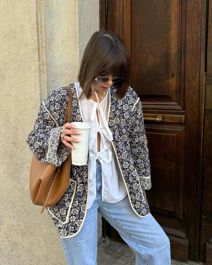 Damen elegante Floral-Jacke im Oversized-Schnitt mit strukturierten Details Drune