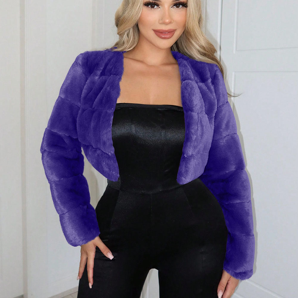 Damen Kurze Kunstpelzjacke mit breiten Ärmeln Drune