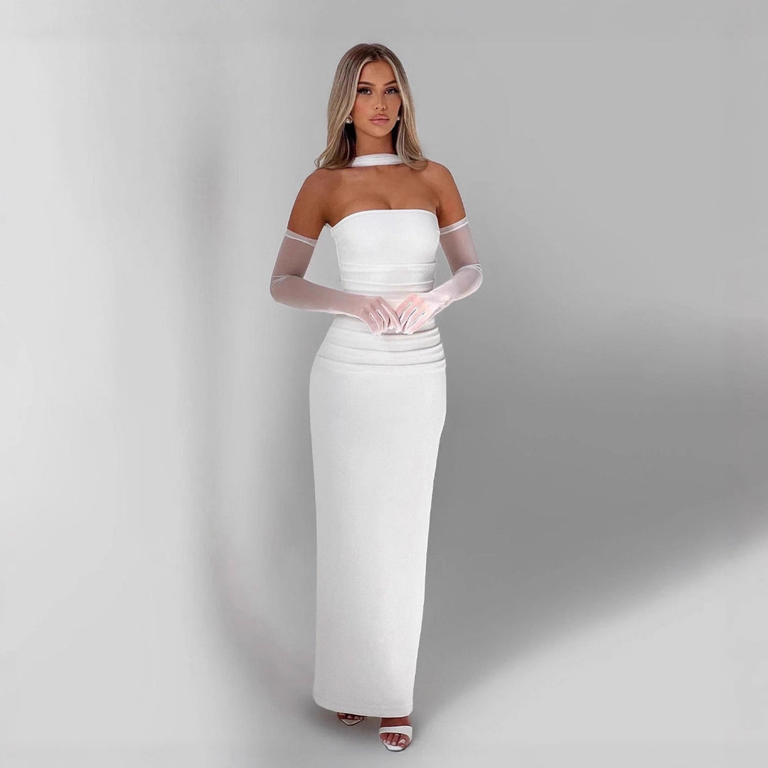 Damen figurbetontes Abendkleid mit Schulterband und langen Handschuhen Drune